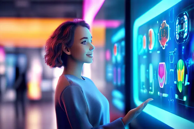 Young woman interacting with a futuristic digital interface displaying colorful holographic data charts and icons in a high-tech environment.