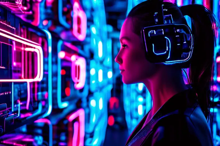 A young woman with futuristic VR headset stands in a neon-lit server room, gazing intently at glowing digital interfaces that symbolize advanced artificial intelligence technology.