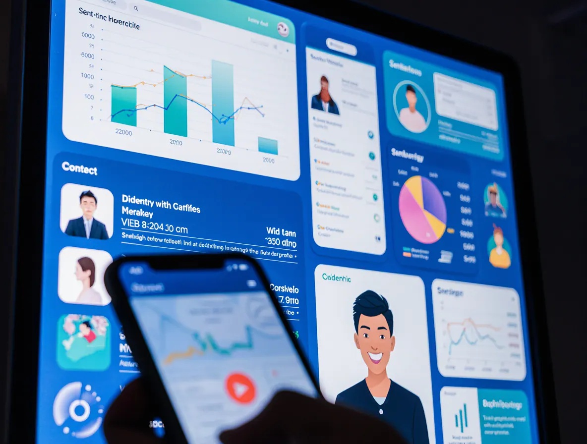 Interface d’intelligence artificielle affichant des données analytiques et des profils utilisateurs, avec un smartphone en interaction au premier plan.