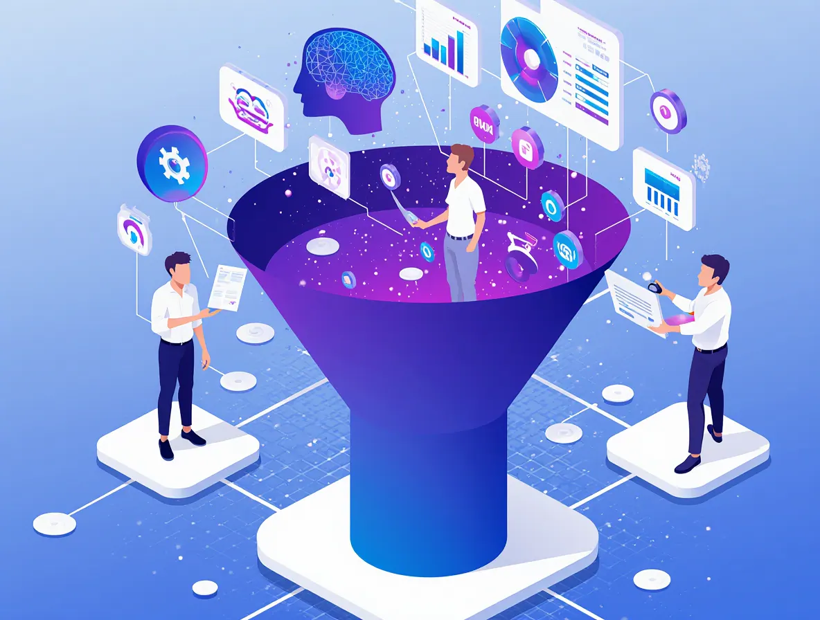 Tunnel de vente IA avec professionnels analysant données marketing, cerveau intelligence artificielle et tableaux de bord conversion